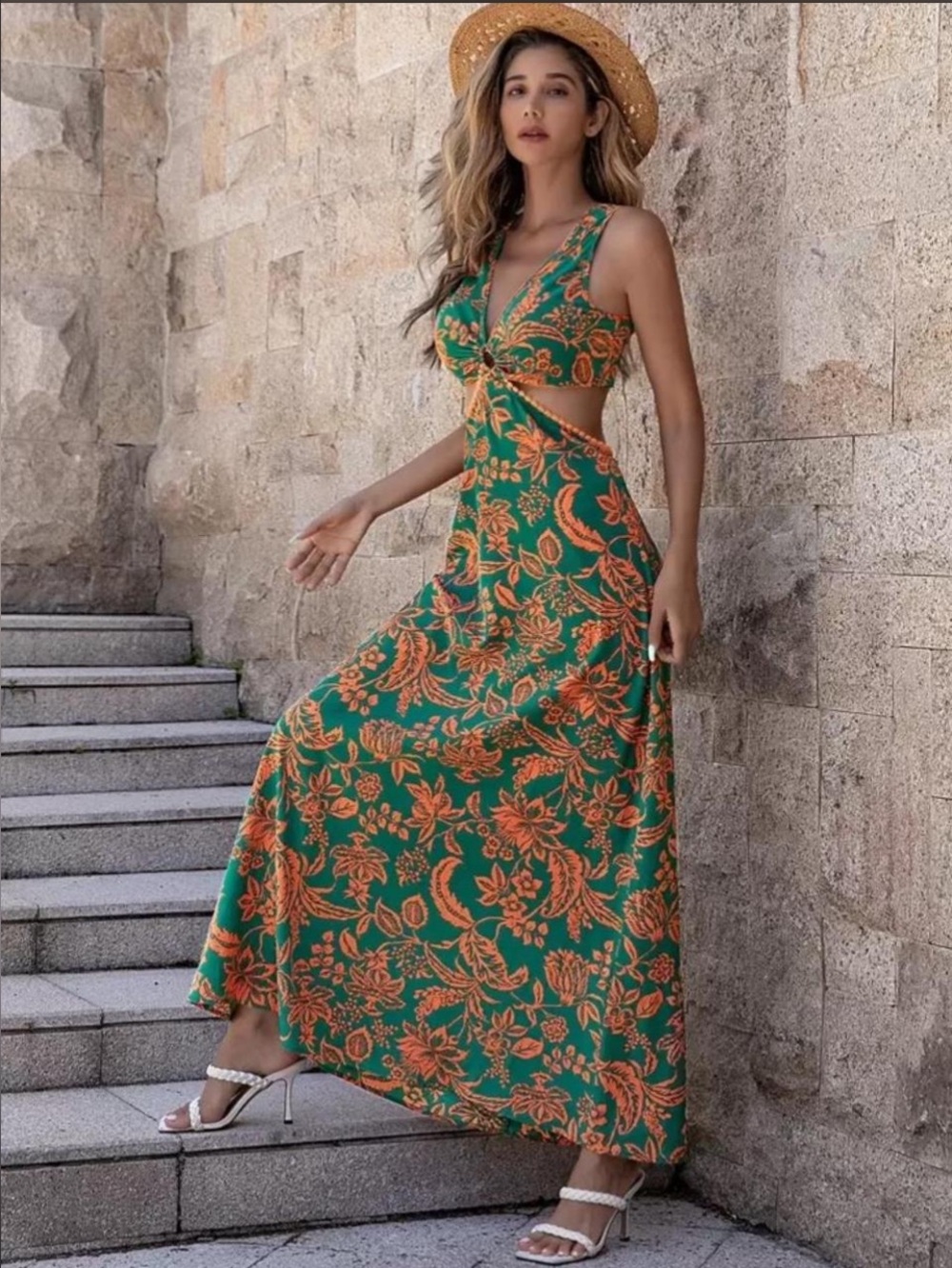 Boho Tropical Cut-Out Tie-Back Maxi
Dress Green & Orange Vacation Festival